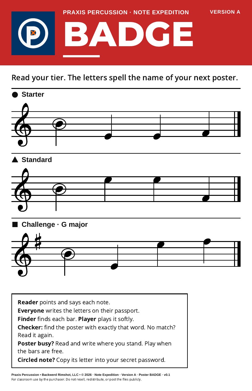 Note Expedition sample poster with the word BADGE and melody notation at three tiers.